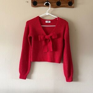 Love Knits NYC Red Bow Front Marled Cropped Sweater Balletcore Coquette Size XS